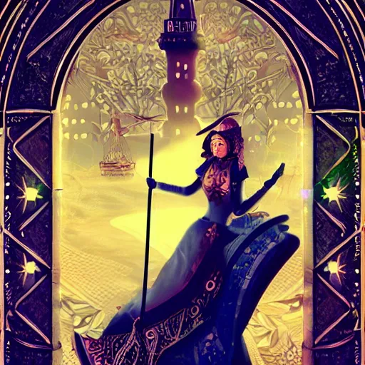 Image similar to tarot card style, lady luck on a tower, scales, sword, digital illustration, intricate, highly detailed, elegant, full color, cinematic lighting, octane render, hyper realism