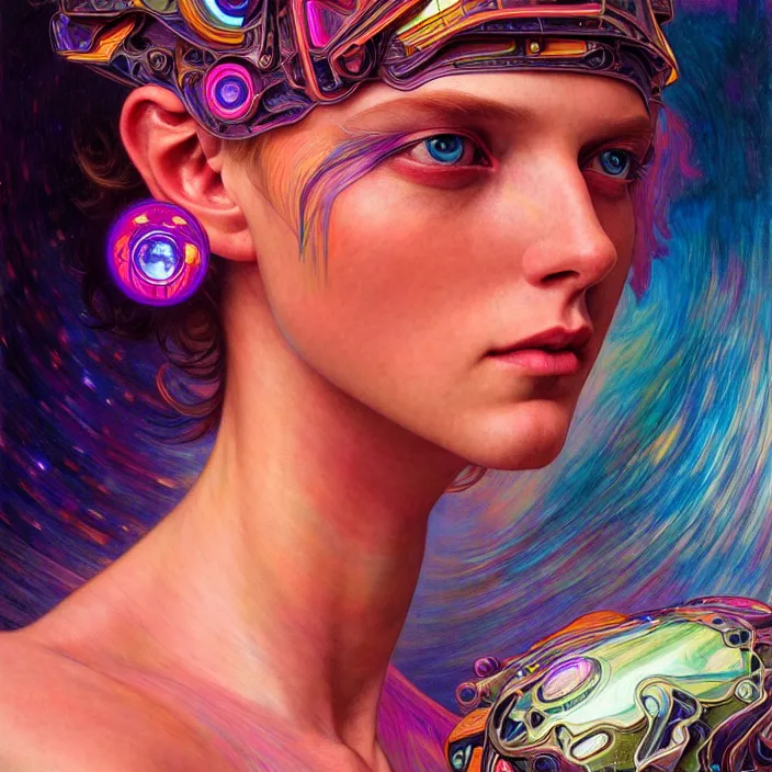 Prompt: bright psychedelic portrait of organic starseed cyborg, diffuse lighting, fantasy, intricate, elegant, highly detailed, lifelike, photorealistic, digital painting, artstation, illustration, concept art, smooth, sharp focus, art by John Collier and Albert Aublet and Krenz Cushart and Artem Demura and Alphonse Mucha