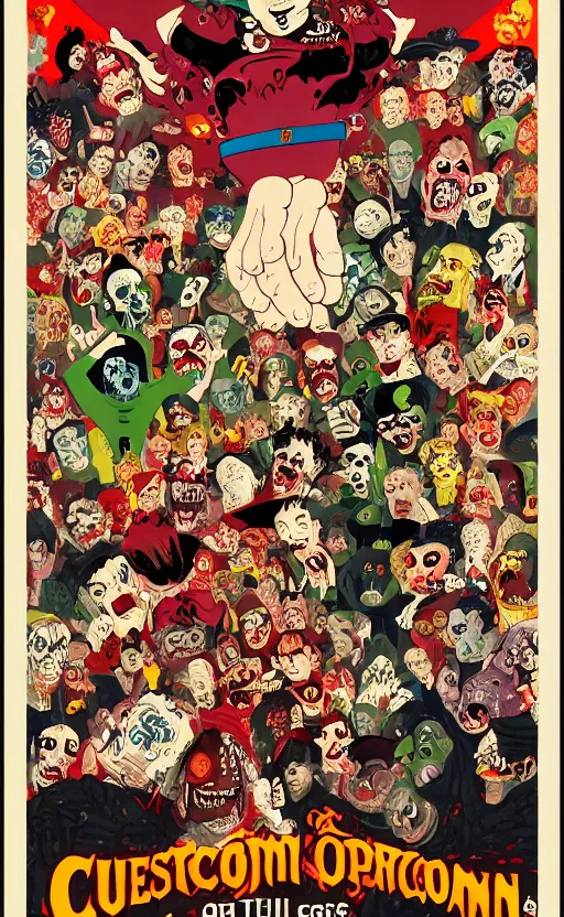 Prompt: cursed with necronomicon horrorcore cel animation poster depicting gory waldo eating the deceased power puff girls, intricate faces, metropolis, 1 9 5 0 s movie poster, post - processing, vector art