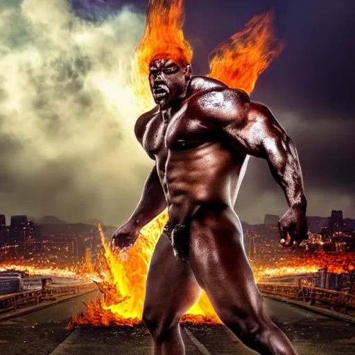 Image similar to Dark powerful muscular giant all on fire with only one eye, destroying city, realistic photo, high detailed