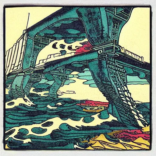 Image similar to “ west pier in brighton in the style of a woodblock print by the japanese ukiyo - e artist hokusai ”