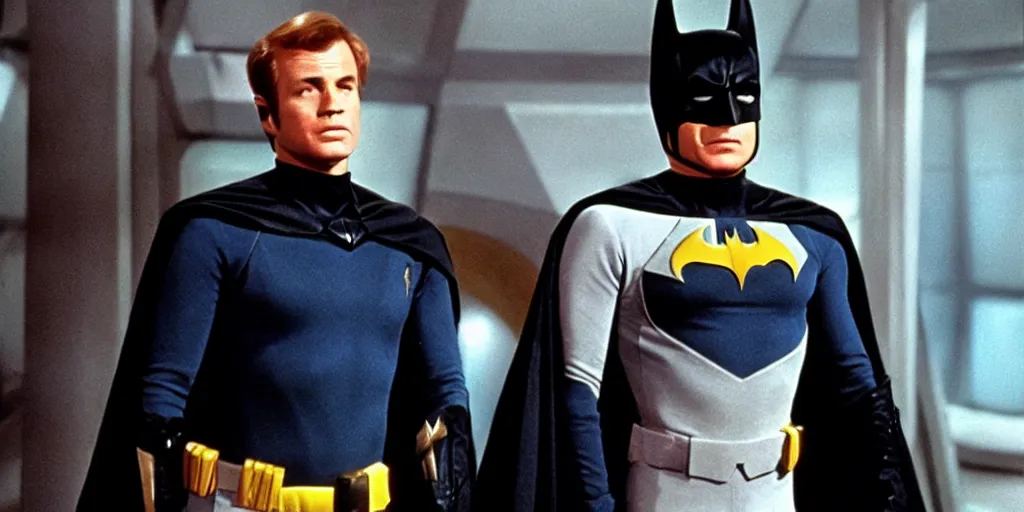 Image similar to (Batman) in Starfleet uniform, in the role of Captain Kirk in a scene from Star Trek the original series