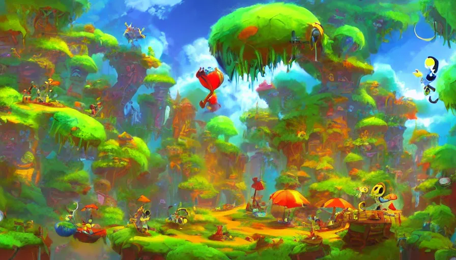 Prompt: landscape painting for animation in the style of rayman game, environment design, lively, joyful, colorful, jungles, cities, highly detailed