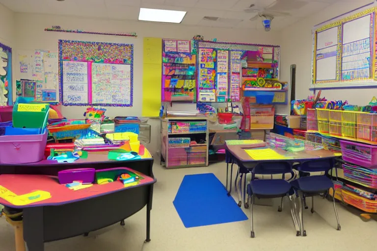 Prompt: third grade classroom, entire room is filled with organizational bins from floor to ceiling