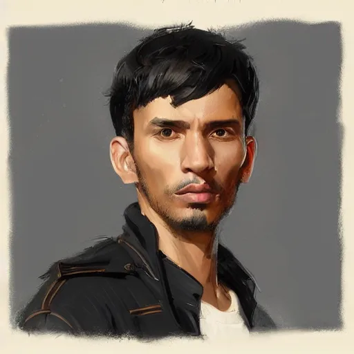 Image similar to portrait of a peruvian man by greg rutkowski, he is about 3 0 years old, short black hair with bangs, very tall and slender, he is wearing a beige and black utility jumpsuit, highly detailed portrait, digital painting, artstation, concept art, smooth, sharp focus ilustration, artstation hq