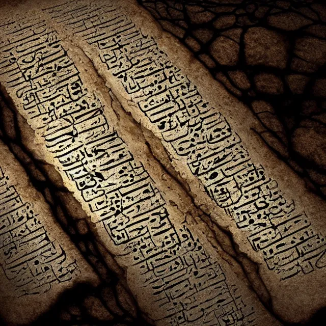 Prompt: ultra - realistic disconcerting photo of a partially damaged dead sea scroll in the style of the necronomicon with nabeatean aramaic in sideways columns, dark, brooding, volume lighting, atmospheric lighting, painted, intricate, ultra detailed, well composed, best on artstation, cgsociety, epic, stunning, gorgeous, intricate detail, wow, masterpiece