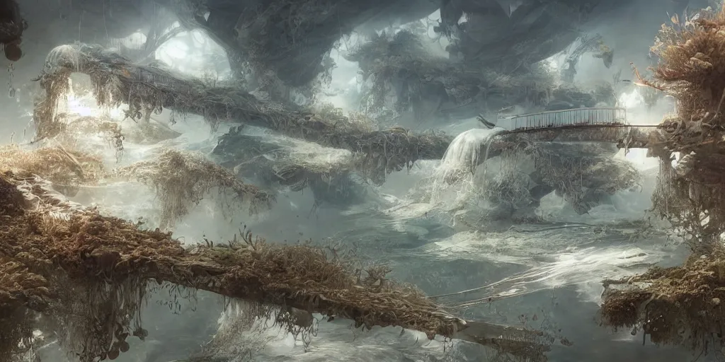 Image similar to study material with side perspective, transparent water River flow, realistic water foam,agua droplets, underwater, bridge made of water ,physically based rendering, defined features by ellen jewett, tomasz alen kopera and Justin Gerard