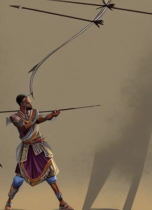 Prompt: illustration of a man shooting an arrow with a bow, digital illustration, egyptian art by brian despain, behance contest winner, afrofuturism, egyptian art, 2 d game art, hyper - realism