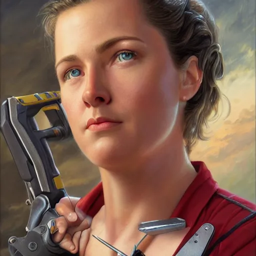 Prompt: epic portrait a slightly muscular woman wearing short sleeved uniform and carrying a powertool, detailed, centered, digital painting, artstation, concept art, donato giancola, Joseph Christian Leyendecker, WLOP, Boris Vallejo, Breathtaking, 8k resolution, extremely detailed, beautiful, establishing shot, artistic, hyperrealistic, beautiful face, octane render