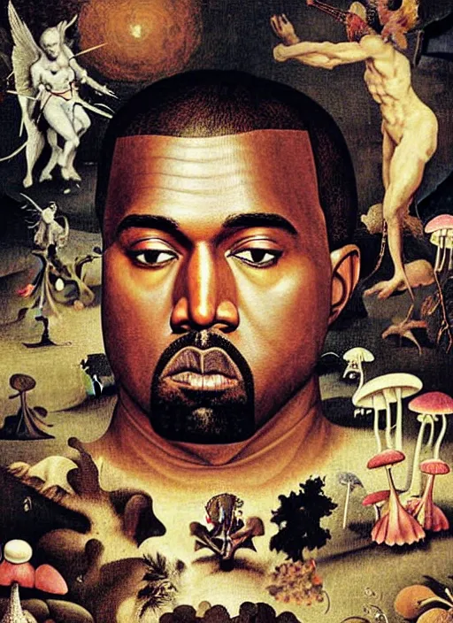 Image similar to portrait of kanye west stars in the sky fairies with detailed faces enchanted forest mushrooms on the ground psychedelic wide angle shot white background vector art illustration gears of war by hieronymus bosch and frank frazetta