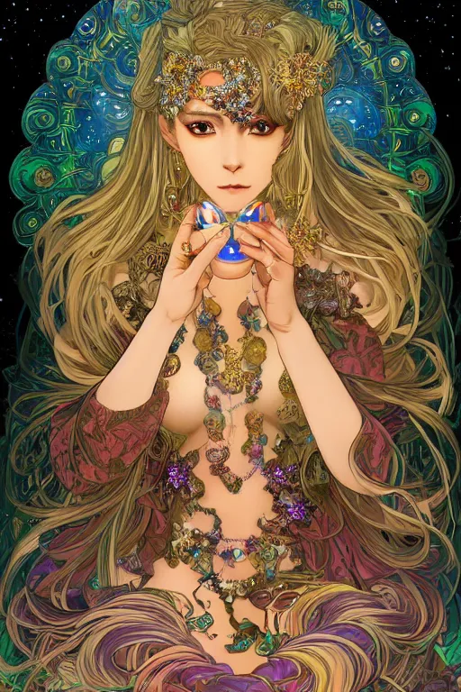 Image similar to psychedelic, intricate, highly detailed, anime, 4k, beautiful seductive woman holding a crystal containing the universe, with professional makeup, long trippy hair, surrounded by gems, underneath the stars, trending on patreon, deviantart, twitter, artstation, volumetric lighting, heavy contrast, by artgerm and Ilya Kuvshinov and alphonse mucha