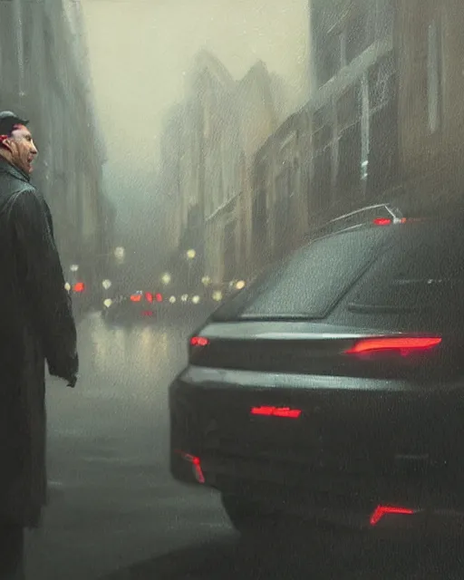 Image similar to Hyper realistic oil painting of a noir detective in his car, hyper detailed, gloomy, moody lighting, by greg rutkowski, trending on artstation