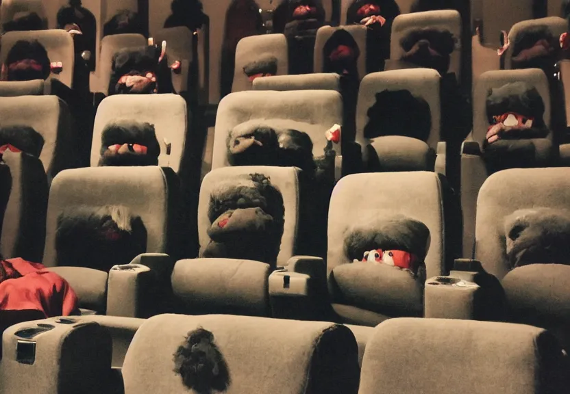 Image similar to in a theater cinema big laughing face on screen realistic light 3 5 mm blockbuster