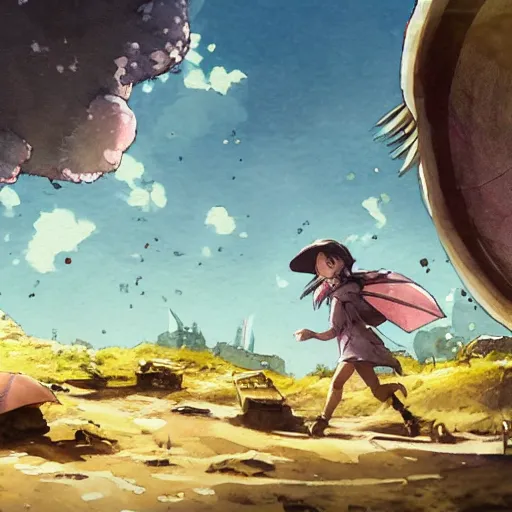 Prompt: incredible wide screenshot, ultrawide, simple watercolor, rough paper texture, made in abyss movie scene, backlit distant shot of girl in a parka running from a giant robot invasion side view, yellow parasol in deserted dusty shinjuku junk town, broken vending machines, bold graphic graffiti, old pawn shop, bright sun bleached ground, mud, fog, dust, windy, scary robot monster lurks in the background, ghost mask, teeth, animatronic, black smoke, pale beige sky, junk tv, texture, dusty, dry, pencil marks, genius party,shinjuku, koji morimoto, katsuya terada, masamune shirow, tatsuyuki tanaka hd, 4k, remaster, dynamic camera angle, deep 3 point perspective, fish eye, dynamic scene