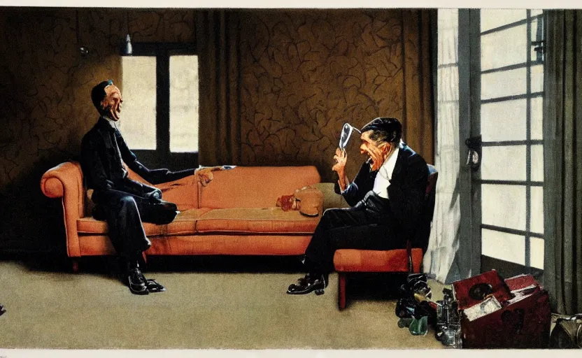 Prompt: a lone thin man screams at a telephone beside a sofa in a dark living room, painted by rick berry and norman rockwell, highly detailed