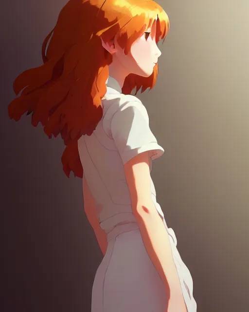 Image similar to young southern woman, ginger hair, simple cream dress, detailed perfect face, exquisite details, fire magic, mid view, design on a white background, by studio muti, greg rutkowski makoto shinkai takashi takeuchi studio ghibli