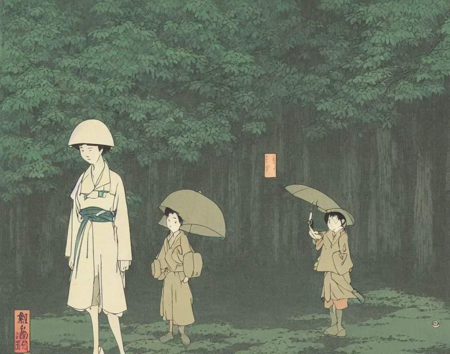 Prompt: A female Retzling with short blond air, standing with big Totoro at a japanese bus stop, holding an umbrella, in the dark forest, rainy night, Studio Ghibli, Hayao Miyazaki, Ukiyo-e, style Katsushika Hokusai,