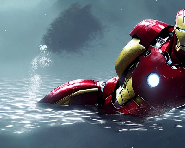 Prompt: iron man submerged under water, cinematic, photoreal, by red dead redemption 2