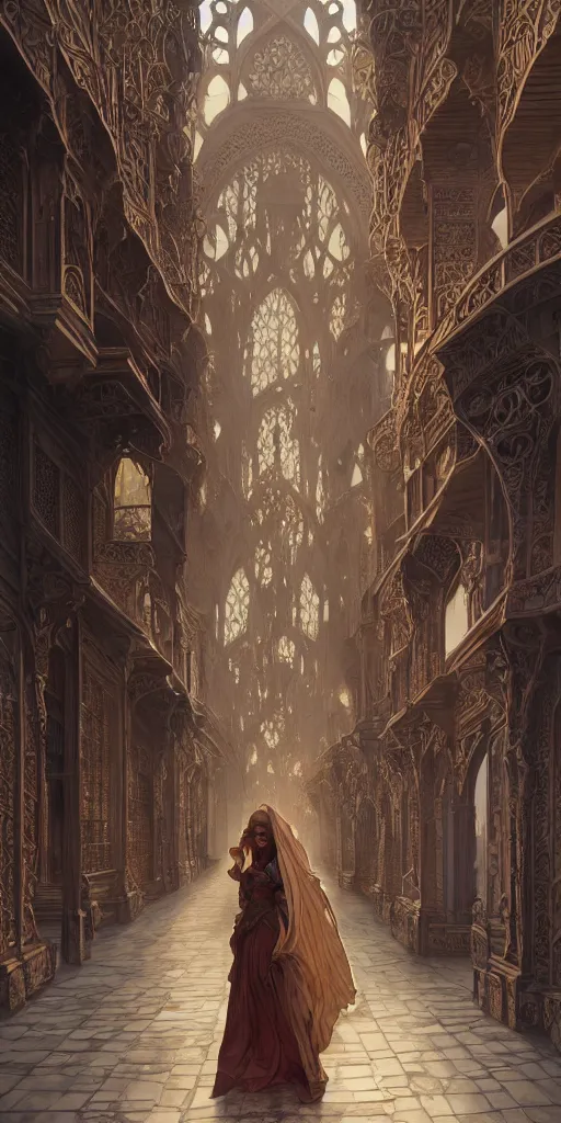Prompt: beautiful woman shopping in twisted arabian market victorian buildings, gothic, ancient, sand, intricate, highly detailed, digital painting, artstation, concept art, smooth, sharp focus, illustration, Unreal Engine 5, 8K, art by artgerm and greg rutkowski and alphonse mucha