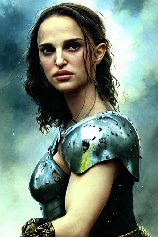 Image similar to young natalie portman, ultimate warrior, fighter, lord of the rings, tattoos, decorative ornaments, battle armor, omar ortiz, carl spitzweg, ismail inceoglu, vdragan bibin, hans thoma, greg rutkowski, alexandros pyromallis, perfect face, detailed, sharply focused, centered, rule of thirds, photorealistic shading