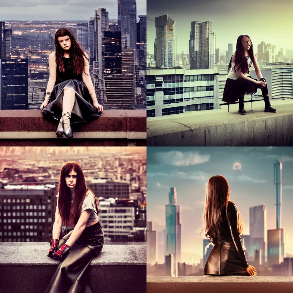 Prompt: young cyberpunk woman with long brown hair. She is apathetic. She is wearing a short leather skirt. She is sitting on a rooftop ledge. The ledge overlooks a modern city skyline. Album art in the style of Loftis, Cory.