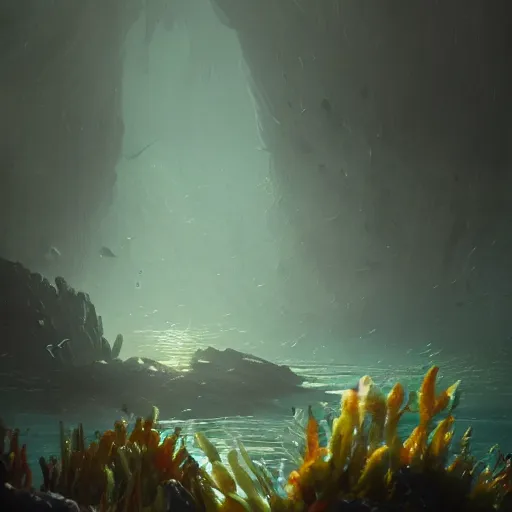 Prompt: Deep ocean waters, ground level, vibrant glowing plants sparsely decorating the dark murky waters, eerie, 4k, trending on Artstation, art by Greg Rutkowski