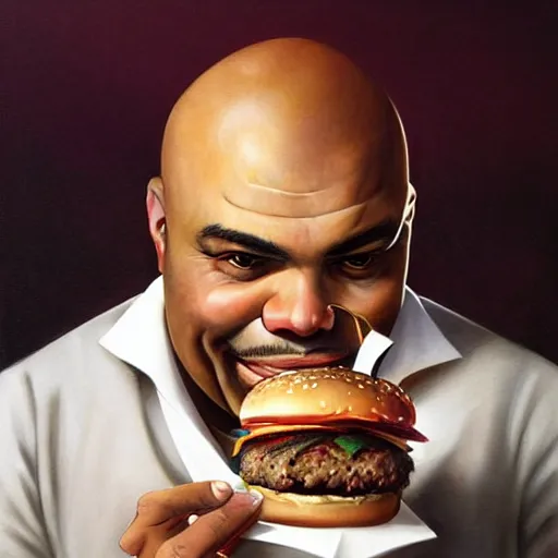 Prompt: portrait of charles barkley eating hamburgers, extra onions and ketchup, luscious patty with sesame seeds, feminine ethereal, handsome, d & d, fantasy, intricate, elegant, highly detailed, digital painting, artstation, concept art, matte, sharp focus, illustration, art by artgerm and greg rutkowski and alphonse mucha