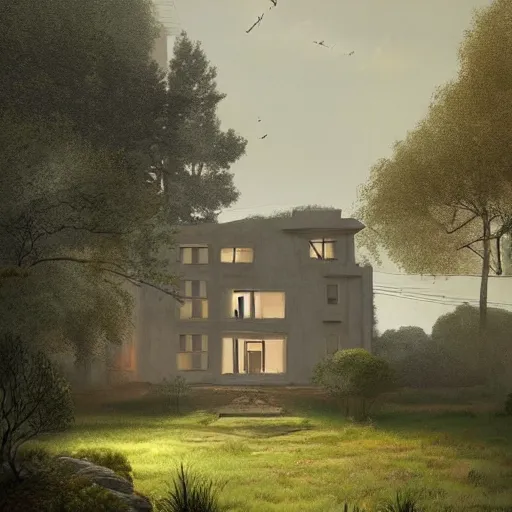 Image similar to beige house with collumns around a garden, on a hill surrounded by big trees, dramatic lighting, artstation, matte painting, raphael lacoste, simon stalenhag, frank lloyd wright, drone view