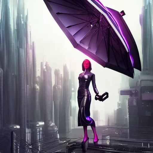 Prompt: a picture of a woman holding an umbrella, futuristic city, cyberpunk art by fyodor vasilyev, zbrush central contest winner, cubo - futurism, synthwave, darksynth, retrowave