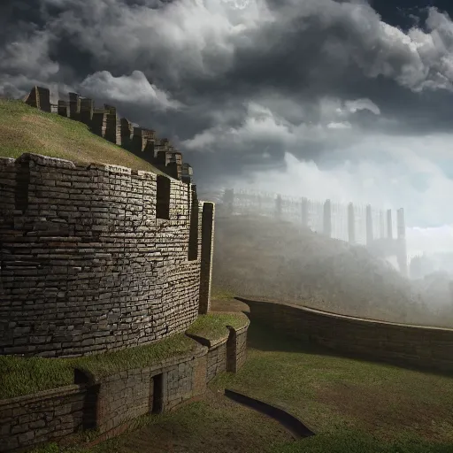 Prompt: a big ancient city on top of a mountain, in the midst of the clouds, has a great circular brick wall surrounding it, and the mountain is surrounded by clouds, hyper realistic, 8 k, cinematic, artstation