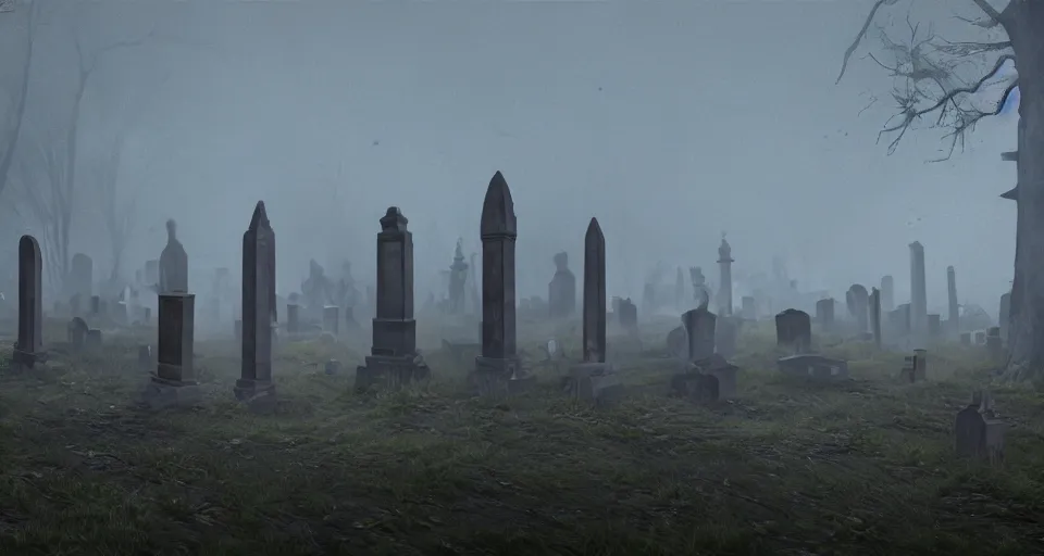 Image similar to Eerie cemetery landscape littered with tombstones, cinematic, rendered by zdzisław beksiński, simon stålenhag, rendered by Beeple, Makoto Shinkai, syd meade, environment concept, digital art, unreal engine, 3 point perspective, WLOP, trending on artstation, low level, 4K UHD image, octane render,