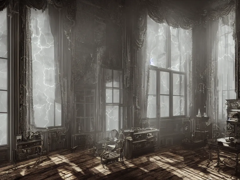 Prompt: richly decorated Victorian house with a moog modular synthesizer, modern, beautiful, detailed wood, photorealistic, photorealism, lightning, clouds, the winter light comes in through a window, volumetric fog