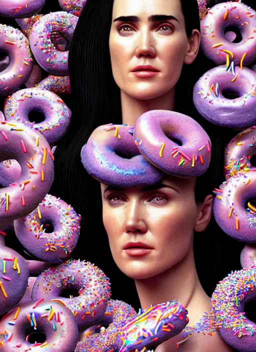 Prompt: hyper detailed 3d render like a Oil painting - Jennifer Connelly with black hair in thick mascara seen seriously making chewing gum bubbles and Eating of the Strangling network of colorful donuts and exotic colorful flowers and Her delicate Hands hold of pink parrots bring iridescent luminescent flowers whose blossoms black the foolish stars by Jacek Yerka, Mariusz Lewandowski, Houdini algorithmic generative render, Abstract brush strokes, Masterpiece, Edward Hopper and James Gilleard, Zdzislaw Beksinski, Mark Ryden, Wolfgang Lettl, Dan Hiller, hints of Yayoi Kasuma, octane render, 8k