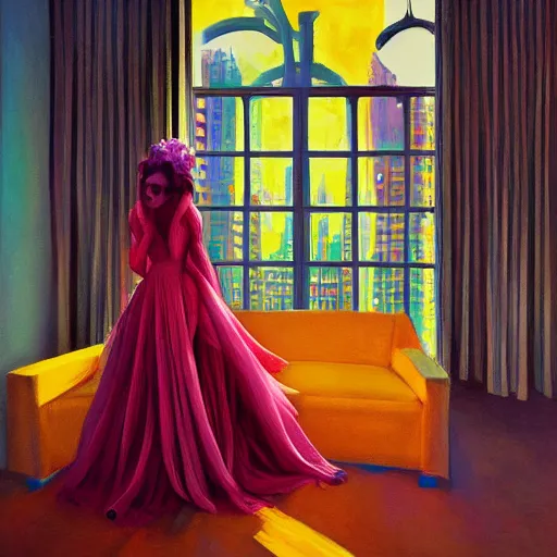 Prompt: giant flower under head, woman next to modern windows, luxury apartment, surreal photography, dramatic light, impressionist painting, digital painting, artstation, arthur adams