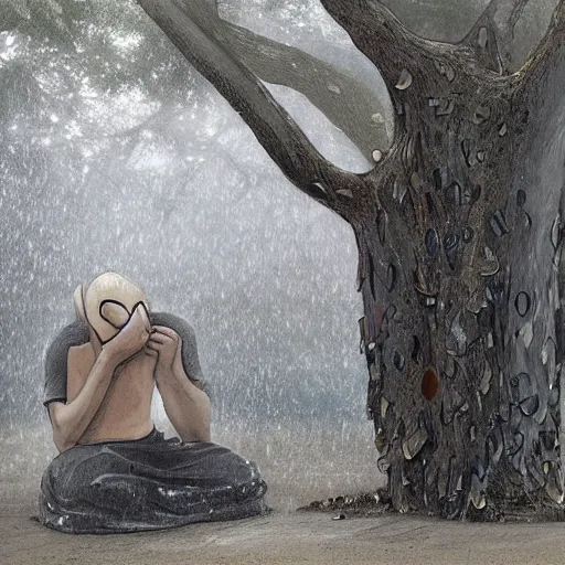 Image similar to The art installation shows a man caught in a storm, buffeted by wind and rain. He clings to a tree for support, but the tree is bent nearly double by the force of the storm. The man's clothing is soaked through and his hair is plastered to his head. His face is contorted with fear and effort. art nouveau by Ford Madox Brown, by Henri-Edmond Cross unplanned