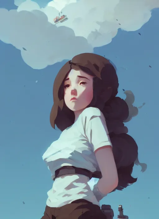 Image similar to portrait of cute maiden girl, cloud sky background, by atey ghailan, by greg rutkowski, by greg tocchini, by james gilleard, by joe gb fenton, by kaethe butcher, dynamic lighting, gradient light blue, brown, blonde cream and white color in scheme, grunge aesthetic