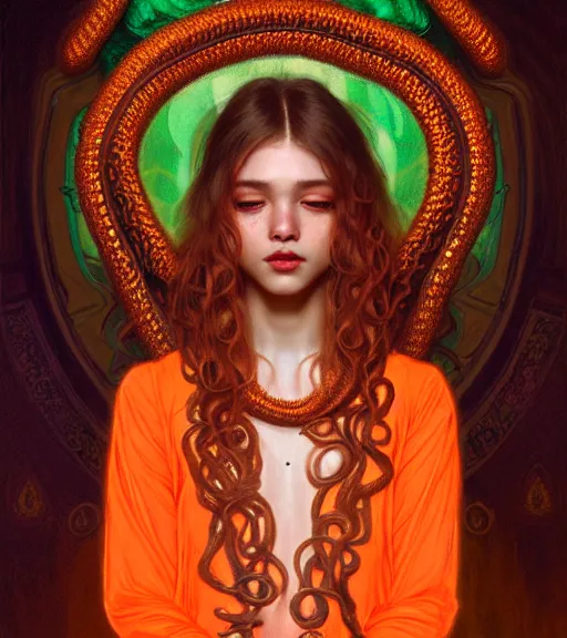 Image similar to portrait of teenage medusa, snake hair, naughty smile, wearing an embroidered orange tunic, intricate, sensual, sultry, elegant, copper and emerald jewelry, glowing lights, seductive, highly detailed, digital painting, artstation, concept art, smooth, sharp focus, illustration, art by wlop, mucha, artgerm, and greg rutkowski