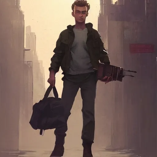 Image similar to a highly detailed epic cinematic concept art CG render digital painting artwork costume design: young James Dean as a formal socialist dystopian student in a school uniform. By Greg Rutkowski, Ilya Kuvshinov, WLOP, Stanley Artgerm Lau, Ruan Jia and Fenghua Zhong, trending on ArtStation, made in Maya, Blender and Photoshop, octane render, excellent composition, cinematic atmosphere, dynamic dramatic cinematic lighting, aesthetic, very inspirational, arthouse