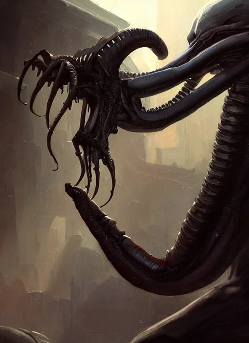 Image similar to a digital painting of a xenomorph, by netter, muscular, deadly, style from greg rutkowski, beautiful eyes, long hair, full frame, oil painting, featured on artstation, concept art, smooth, sharp focus, illustration, very detailed, ambient lighting, unreal engine render, concept art by Atey Ghailan, by Loish, by Bryan Lee O'Malley