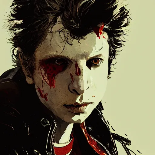 Image similar to portrait of Michael Cera with an angry expression, blood covering his face, wearing a leather jacket, dramatic lighting, illustration by Greg rutkowski, yoji shinkawa, 4k, digital art, concept art, trending on artstation