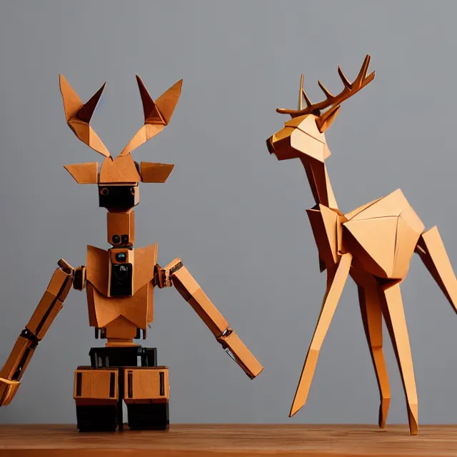 Prompt: a photograph of a deer origami and a humanoid robot mecha origami on top of a wooden table