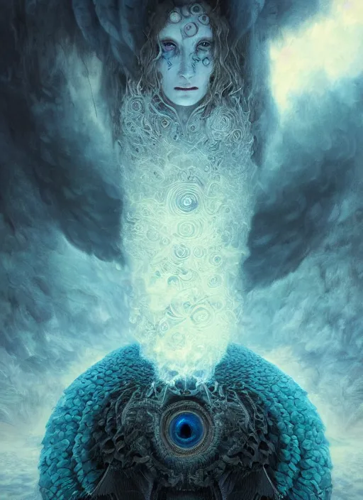 Prompt: Her huge ominous glowing blue eyes staring into my soul , perfect eyes, intricate stunning highly detailed, agostino arrivabene, Tomasz strzalkowski, twisted dark lucid dream, 8k portrait render, raven angel wings, swirling thick smoke , beautiful lighting, dark fantasy art, cgsociety