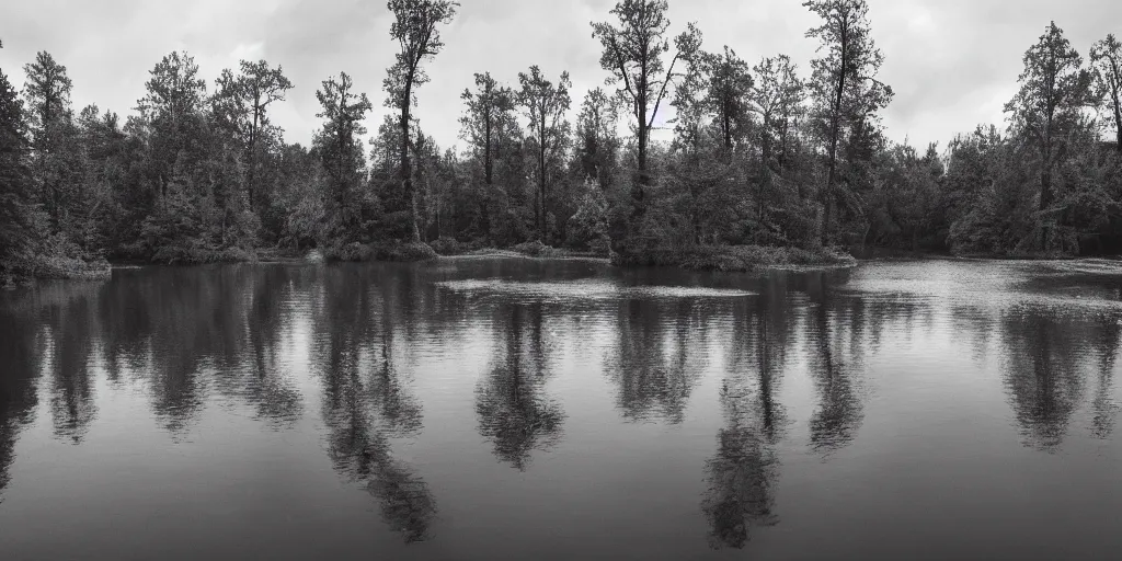 Image similar to photograph of a long rope floating on the surface of the water, the rope is snaking from the foreground stretching out towards the vortex sinkhole center of the lake, a dark lake on a cloudy day, mood, trees in the background, anamorphic lens