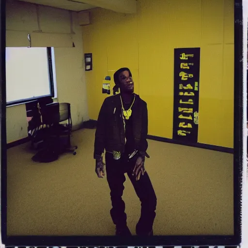 Image similar to A polaroid photograph of Travis Scott standing in an empty endless office space, yellow patterned wallpaper on the walls, moist dirty carpet, unnatural fluorescent warm lights lighting the scene