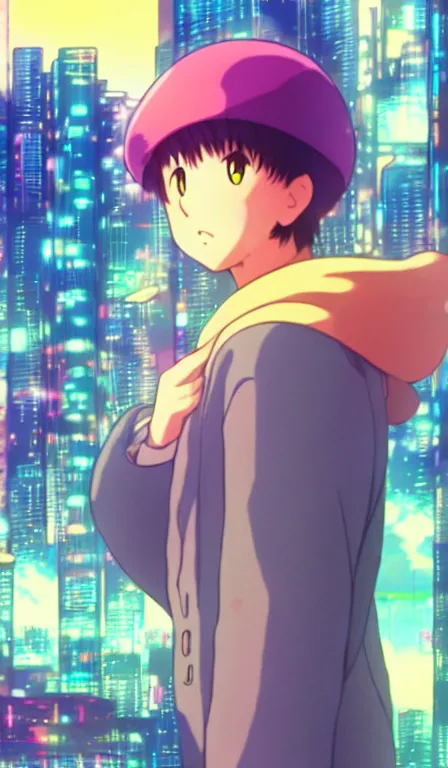 Image similar to anime fine details portrait of Kirby in front of cyberpunk moder city landscape on the background deep bokeh, close-up view, anime masterpiece by Studio Ghibli. 8k, sharp high quality anime, artstation