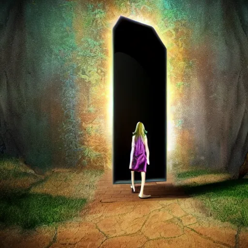 Prompt: girl stepping into sci fi portal to another world