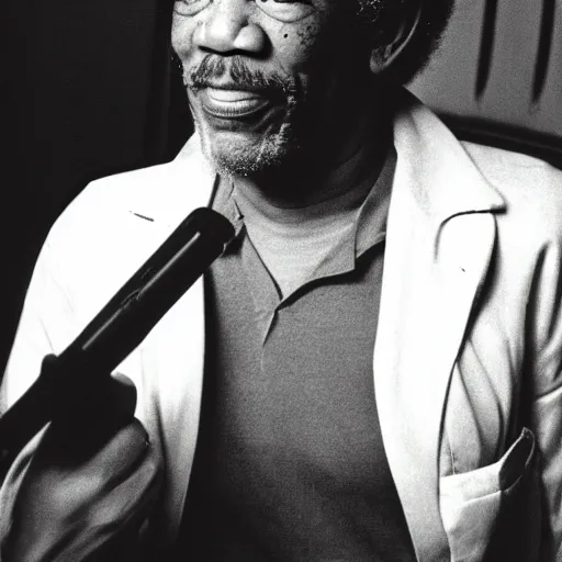 Image similar to a 1970s film still of Morgan Freeman dressed as a funk singer, 40mm lens, shallow depth of field, split lighting