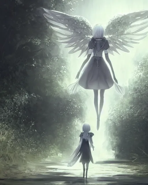 Image similar to infinitely detailed concept art of angel elegantly clothed strolling through a peaceful path, artstation!! / pixiv!!! infinitely detailed, nier automata scenery art concept, dream magical, dream scenery art, dream lighting, full - body majestic angel