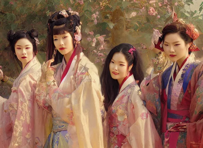 Image similar to detailed group portrait of blackpink wearing hanfu, natural light, painting by gaston bussiere, craig mullins, j. c. leyendecker