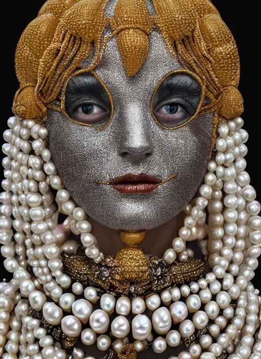 Image similar to hyperrealism, detailed textures, award winning autochrome photo, symetrical alien pearl medusa queen autochrome pearl portrait, pearl silverplate, intricate, detailed facial pearl animal mask, pearl, golden jewelery, silverplate, ultra realistic, cinematic, intricate, cinematic light by steve mccurry, unreal engine 8 k